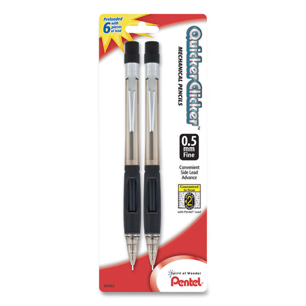 Pentel® Quicker Clicker Mechanical Pencil, 0.5 mm, HB (#2), Black Lead, Smoke/Black Barrel, 2/Pack (PENPD345BP2K6)