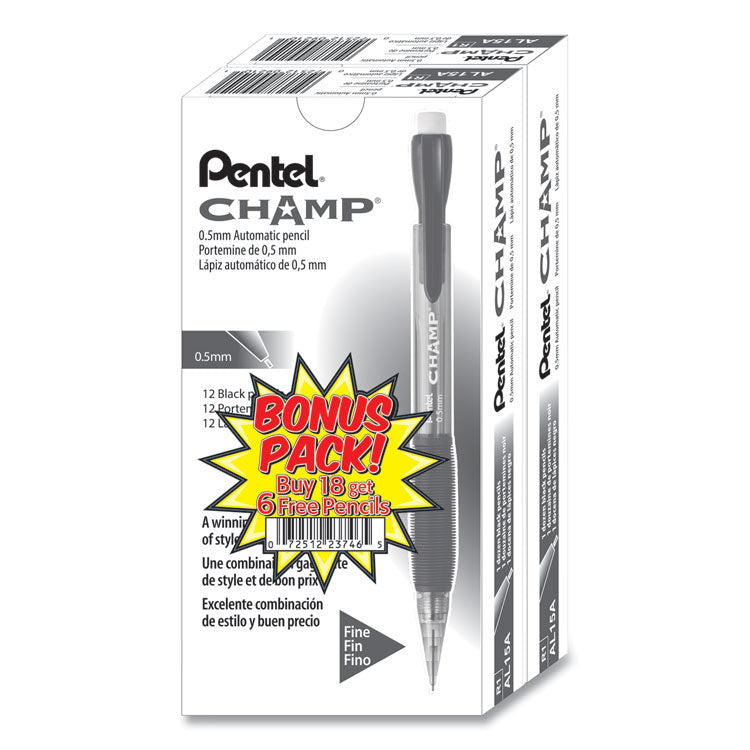 Pentel® Champ Mechanical Pencil Value Pack, 0.5 mm, HB (#2), Black Lead, Clear/Black Barrel, 24/Pack (PENAL15ASW2) Pack of 24