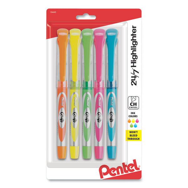 Pentel® 24/7 Highlighters, Assorted Ink Colors, Chisel Tip, Assorted Barrel Colors, 5/Set (PENSL12BP5M)