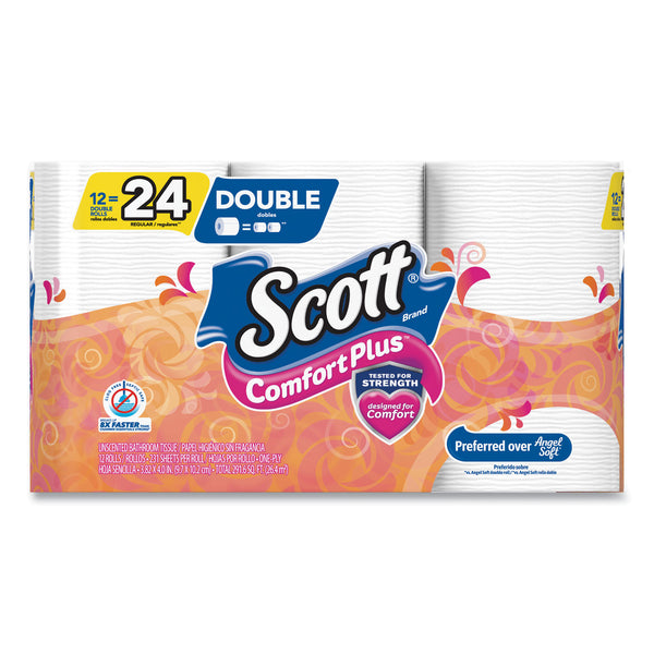 Scott® ComfortPlus Toilet Paper, Double Roll, Bath Tissue, Septic Safe, 1-Ply, White, 231 Sheets/Roll, 12 Rolls/Pack, 4 Packs/Carton (KCM47618) Case of 48