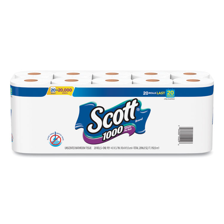 Scott® 1000 Bathroom Tissue, Septic Safe, 1-Ply, White, 1,000 Sheet/Roll, 20/Pack (KCC20032) Pack of 20