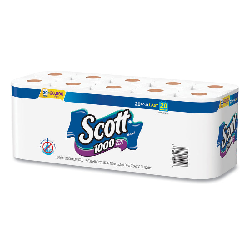 Scott® 1000 Bathroom Tissue, Septic Safe, 1-Ply, White, 1,000 Sheet/Roll, 20/Pack (KCM20032PK) Pack of 20