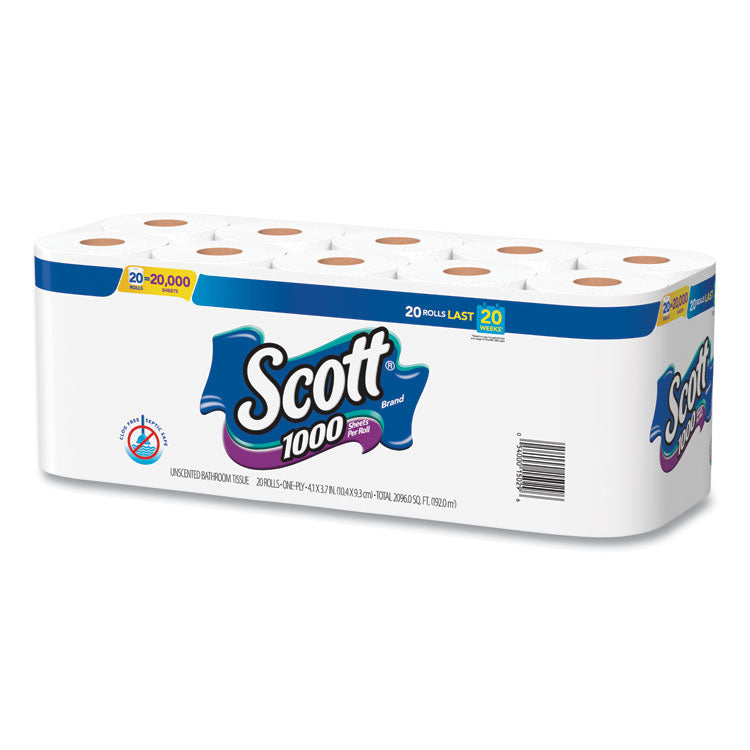 Scott® 1000 Bathroom Tissue, Septic Safe, 1-Ply, White, 1,000 Sheet/Roll, 20/Pack (KCC20032) Pack of 20