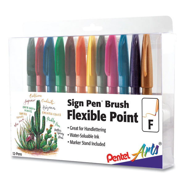 Pentel Arts® Sign Pen Brush Flexible Point Marker Pen, Fine Brush Tip, Assorted Colors, Dozen (PENSES15CPC12) Pack of 12