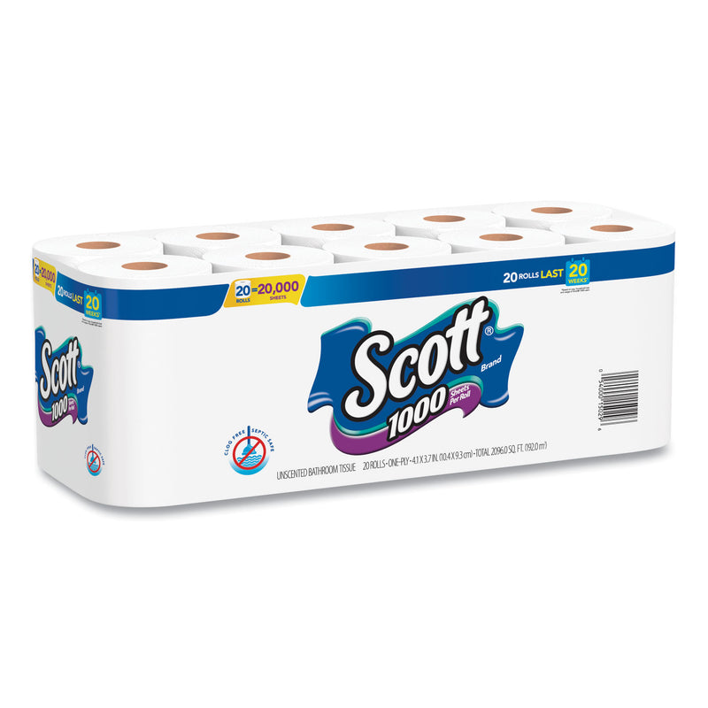 Scott® 1000 Bathroom Tissue, Septic Safe, 1-Ply, White, 1,000 Sheet/Roll, 20/Pack (KCM20032PK) Pack of 20
