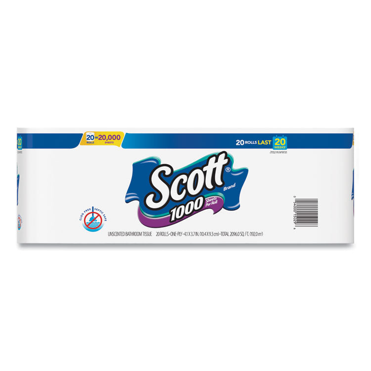 Scott® 1000 Bathroom Tissue, Septic Safe, 1-Ply, White, 1,000 Sheet/Roll, 20/Pack (KCC20032) Pack of 20