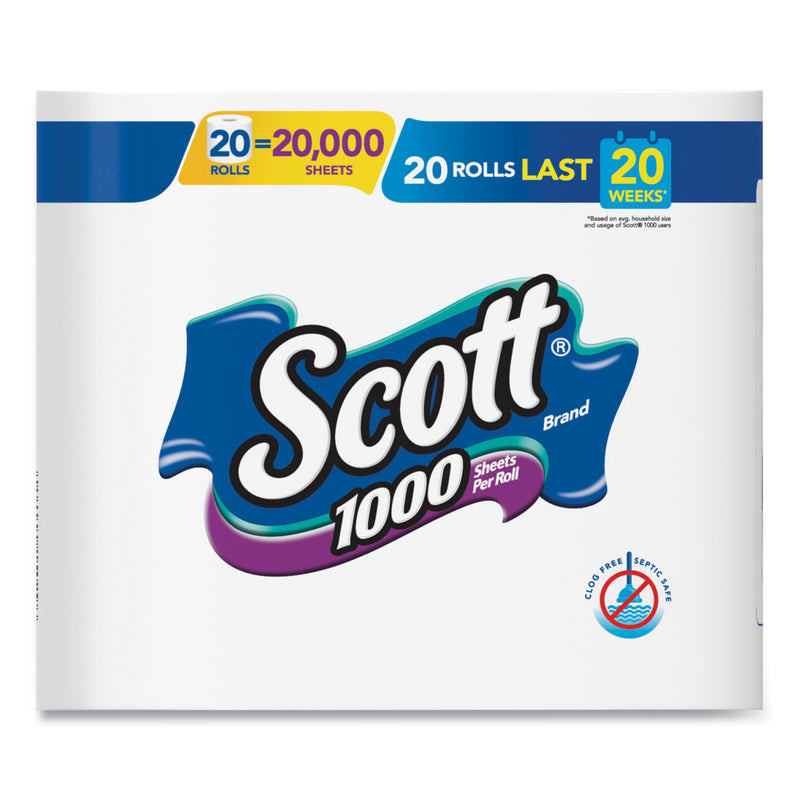 Scott® 1000 Bathroom Tissue, Septic Safe, 1-Ply, White, 1,000 Sheet/Roll, 20/Pack (KCM20032PK) Pack of 20