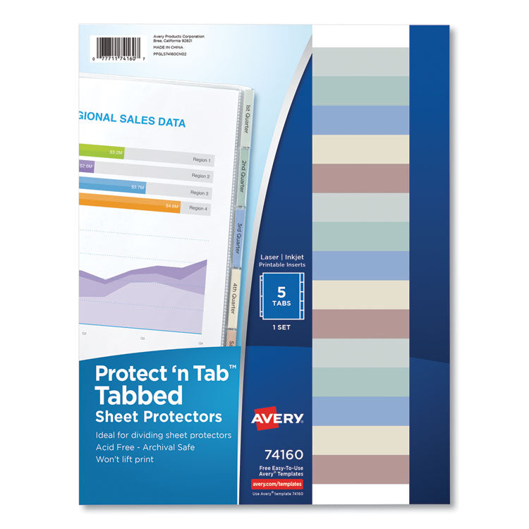 Avery® Protect 'n Tab Top-Load Clear Sheet Protectors w/Five Tabs, Letter (AVE74160)