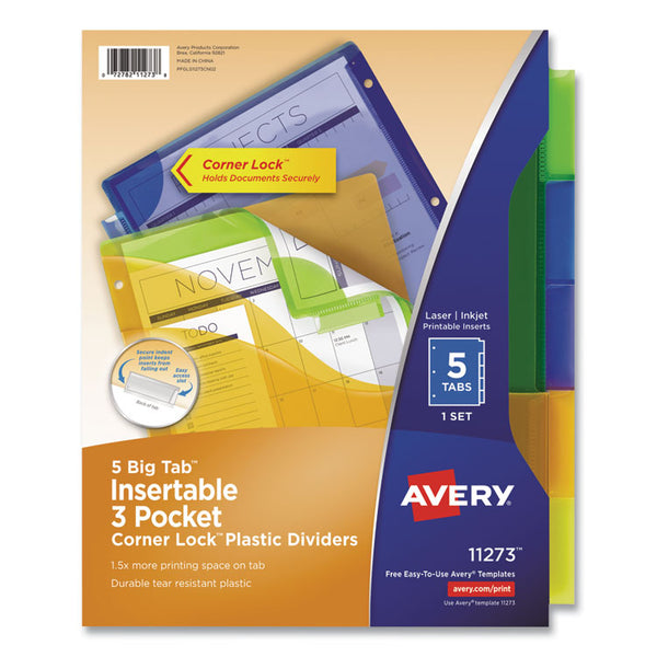 Avery® Insertable Big Tab Plastic Three-Pocket Corner Lock Dividers, 5-Tab, 11.13 x 9.25, Assorted, 1 Set (AVE11273)