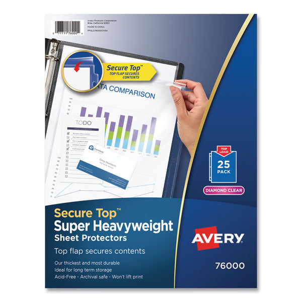 Avery® Secure Top Sheet Protectors, Super Heavy Gauge, Letter, Diamond Clear, 25/Pack (AVE76000)