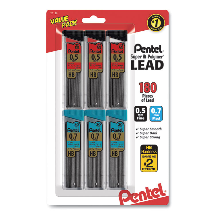 Pentel® Super Hi-Polymer Lead Refill Value Pack, 0.5 mm; 0.7 mm, HB, Black, 30/Tube, 6 Tubes/Pack (PENC257BPHB6) Pack of 6