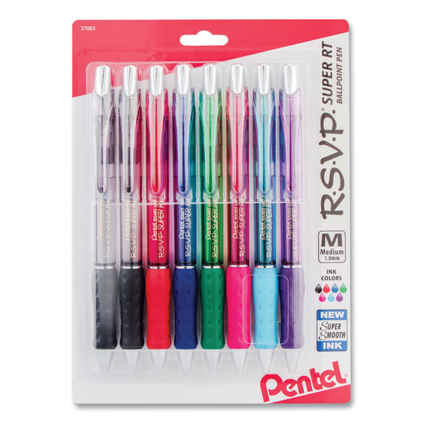 Pentel® R.S.V.P. Super RT Ballpoint Pen, Retractable, Medium 1 mm, Assorted Ink and Barrel Colors, 8/Pack (PENBX480BP8M)