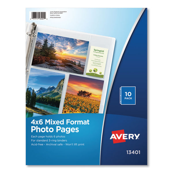 Avery® Photo Storage Pages for Six 4 x 6 Mixed Format Photos, 3-Hole Punched, 10/Pack (AVE13401)