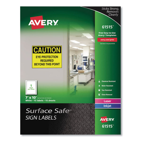 Avery® Surface Safe Removable Label Safety Signs, Inkjet/Laser Printers, 7 x 10, White, 15/Pack (AVE61515)