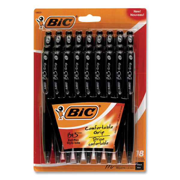 BIC® BU3 Ballpoint Pen, Retractable, Medium 1 mm, Black Ink, Smoke/Black Barrel, 18/Pack (BICBU3P18BLK)
