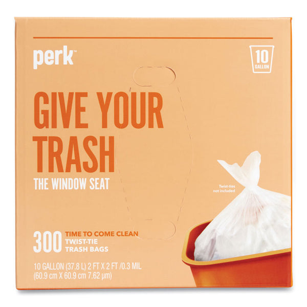 Perk™ Twist-Tie Light-Duty Can Liners, 10 gal, 0.36 mil, 24" x 24", Clear, 300/Box (PRK24377878) Box of 300