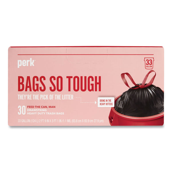 Perk™ Drawstring Heavy-Duty Trash Bags, 33 gal, 1.1 mil, 37" x 33", Black, 30/Box (PRK24377879)