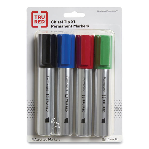 TRU RED™ XL Permanent Marker, Extra-Broad Chisel Tip, Assorted Colors, 4/Pack (TUD24398949) Pack of 4