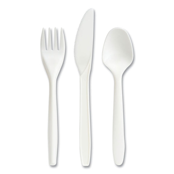 Perk™ Eco-ID Mediumweight Compostable Cutlery, Fork/Knife/Teaspoon, White, 120 Sets/Pack (PRK24394124)