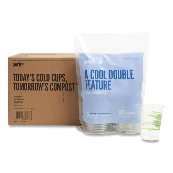 Perk™ Eco-ID Compostable PLA Corn Plastic Cold Cups, 12 oz, Clear/Green, 50/Pack, 6 Packs/Carton (PRK24394121)
