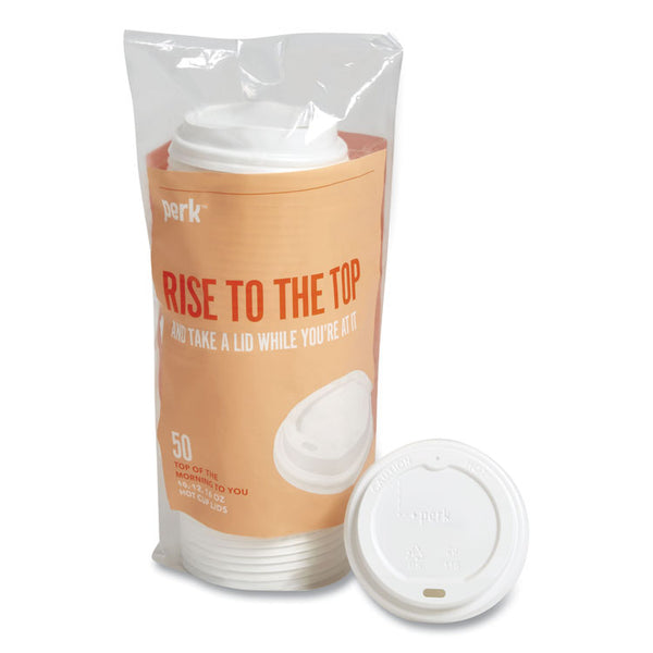 Perk™ Plastic Hot Cup Lids, Fits 10 oz, 12 oz, 16 oz Cups, White, 50/Pack (PRK24404337)