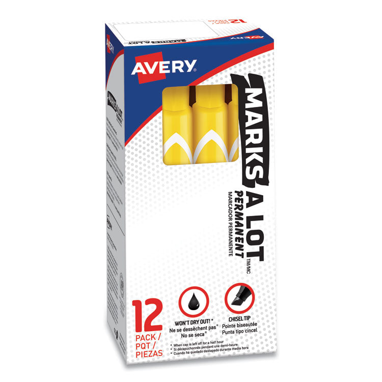 Avery® MARKS A LOT Large Desk-Style Permanent Marker, Broad Chisel Tip, Yellow, Dozen (8882) (AVE08882)