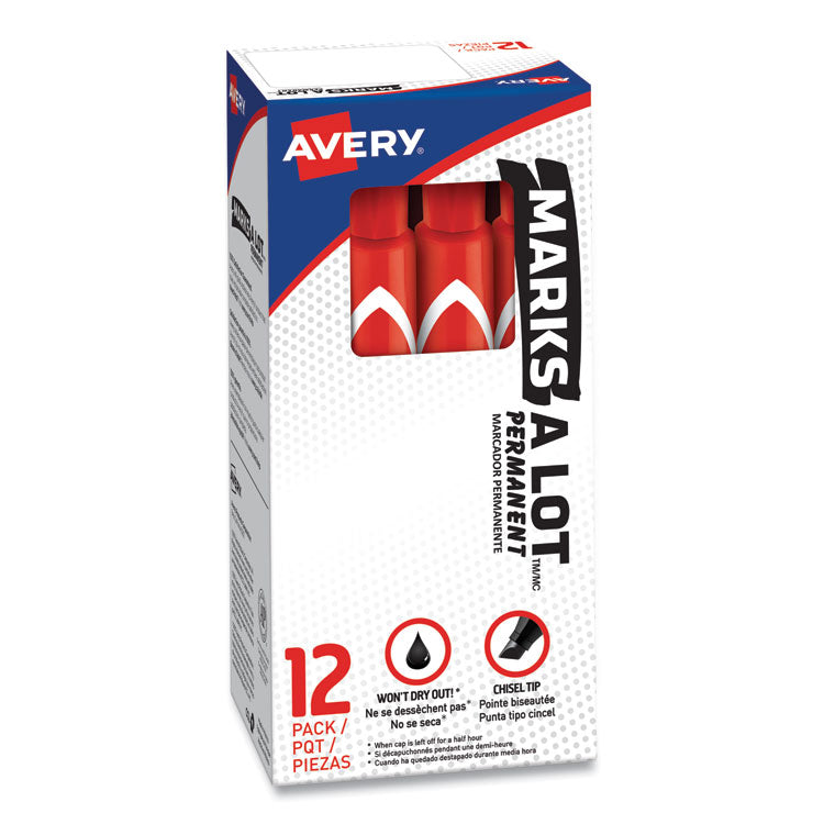 Avery® MARKS A LOT Large Desk-Style Permanent Marker, Broad Chisel Tip, Red, Dozen (8887) (AVE08887)