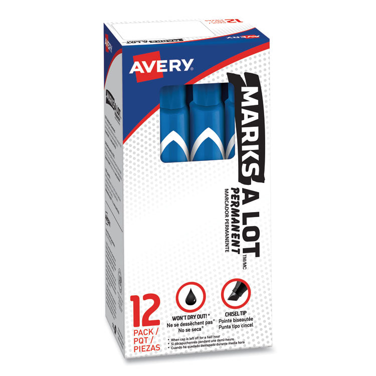 Avery® MARKS A LOT Large Desk-Style Permanent Marker, Broad Chisel Tip, Blue, Dozen (8886) (AVE08886)