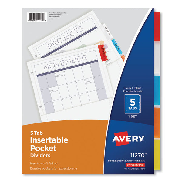 Avery® Insertable Dividers w/Single Pockets, 5-Tab, 11.25 x 9.13, White, 1 Set (AVE11270)