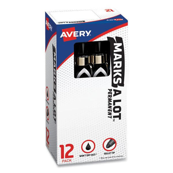 Avery® MARKS A LOT Large Desk-Style Permanent Marker with Metal Pocket Clip, Broad Bullet Tip, Black, Dozen (24878) (AVE24878)