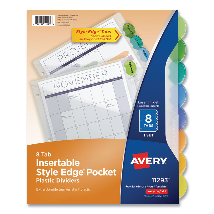 Avery® Insertable Style Edge Tab Plastic 1-Pocket Dividers, 8-Tab, 11.25 x 9.25, Translucent, 1 Set (AVE11293)