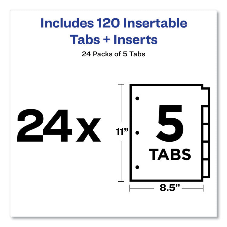 Avery® Insertable Big Tab Dividers, 5-Tab, Double-Sided Gold Edge Reinforcing, 11 x 8.5, Buff, Clear Tabs, 24 Sets (AVE11113)