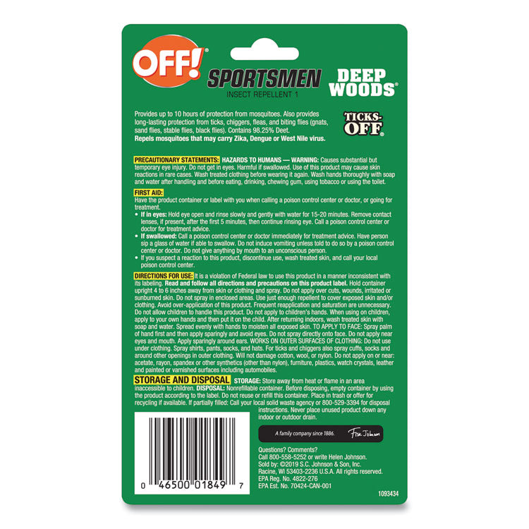 OFF!® Deep Woods Sportsmen Insect Repellent, 1 oz Spray Bottle, 12/carton (SJN317188) Case of 12