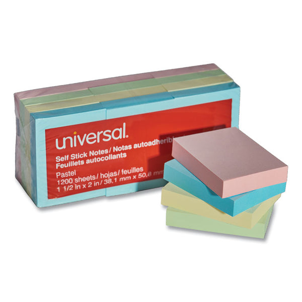 Universal® Self-Stick Note Pads, 1.5" x 2", Assorted Pastel Colors, 100 Sheets/Pad, 12 Pads/Pack (UNV35663)