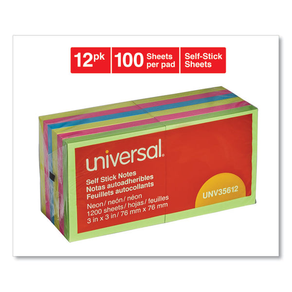 Universal® Self-Stick Note Pads, 3" x 3", Assorted Neon Colors, 100 Sheets/Pad, 12 Pads/Pack (UNV35612)