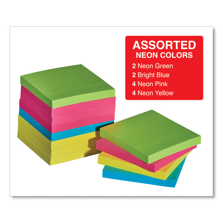 Universal® Self-Stick Note Pads, 3" x 3", Assorted Neon Colors, 100 Sheets/Pad, 12 Pads/Pack (UNV35612)