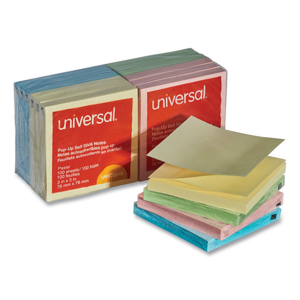 Universal® Fan-Folded Self-Stick Pop-Up Note Pads, 3" x 3", Assorted Pastel Colors, 100 Sheets/Pad, 12 Pads/Pack (UNV35619)