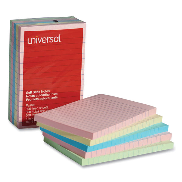 Universal® Self-Stick Note Pads, Note Ruled, 4" x 6", Assorted Pastel Colors, 100 Sheets/Pad, 5 Pads/Pack (UNV35616)