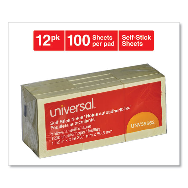 Universal® Self-Stick Note Pads, 1.5" x 2", Yellow, 100 Sheets/Pad, 12 Pads/Pack (UNV35662)