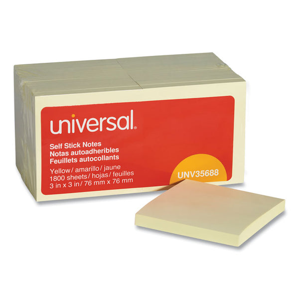 Universal® Self-Stick Note Pad Value Pack, 3" x 3", Yellow, 100 Sheets/Pad, 18 Pads/Pack (UNV35688)