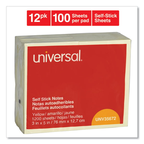 Universal® Self-Stick Note Pads, 3" x 5", Yellow, 100 Sheets/Pad, 12 Pads/Pack (UNV35672)
