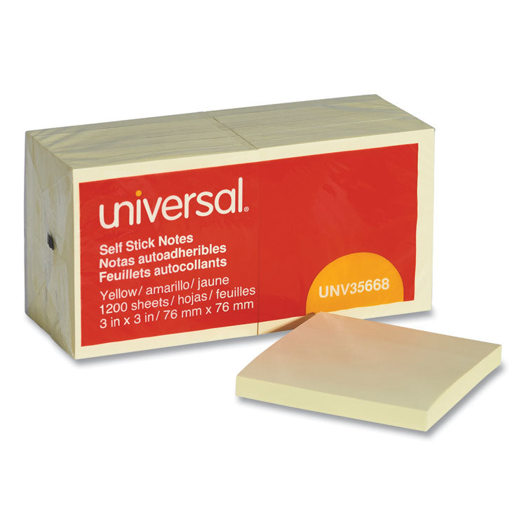 Universal® Self-Stick Note Pads, 3" x 3", Yellow, 100 Sheets/Pad, 12 Pads/Pack (UNV35668)