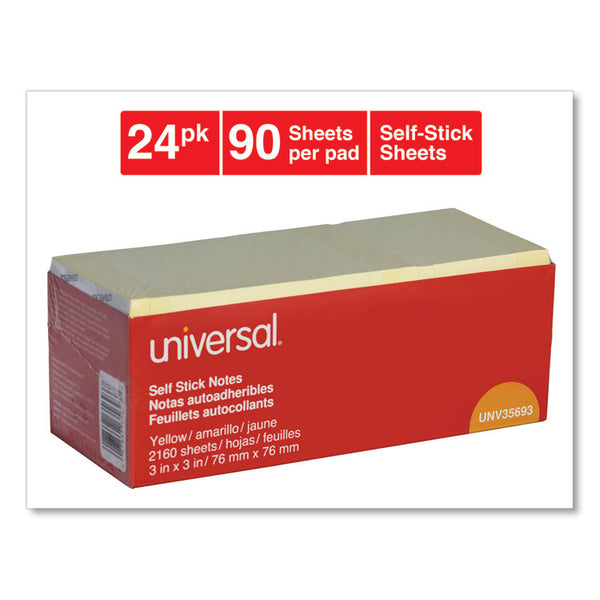 Universal® Self-Stick Note Pad Cabinet Pack, 3" x 3", Yellow, 90 Sheets/Pad, 24 Pads/Pack (UNV35693)