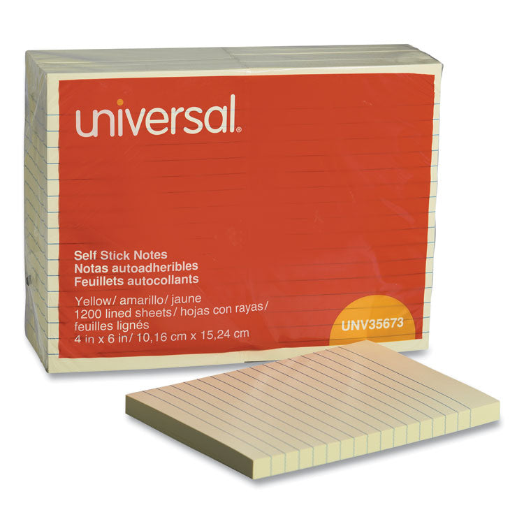 Universal® Self-Stick Note Pads, Note Ruled, 4" x 6", Yellow, 100 Sheets/Pad, 12 Pads/Pack (UNV35673)