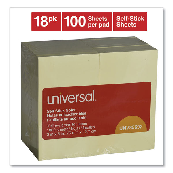 Universal® Self-Stick Note Pad Value Pack, 3" x 5", Yellow, 100 Sheets/Pad, 18 Pads/Pack (UNV35692)