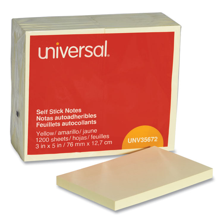 Universal® Self-Stick Note Pads, 3" x 5", Yellow, 100 Sheets/Pad, 12 Pads/Pack (UNV35672)