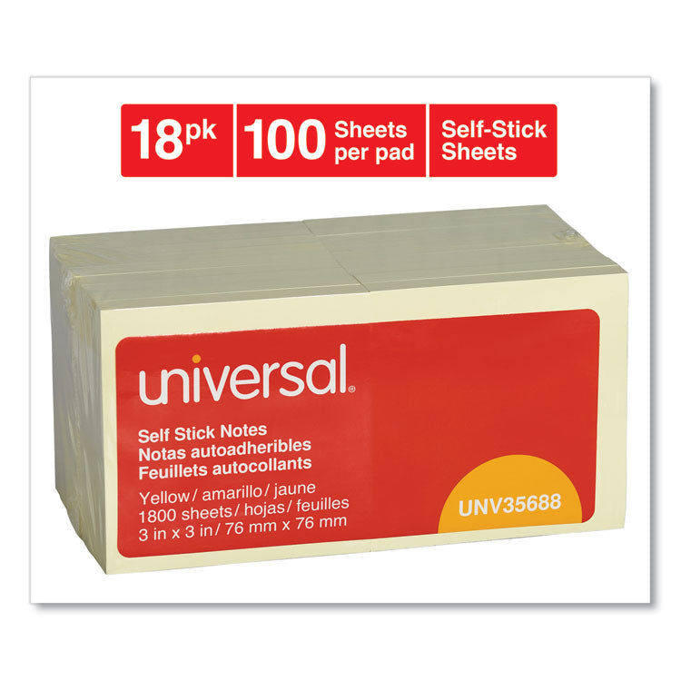 Universal® Self-Stick Note Pad Value Pack, 3" x 3", Yellow, 100 Sheets/Pad, 18 Pads/Pack (UNV35688) Pack of F18