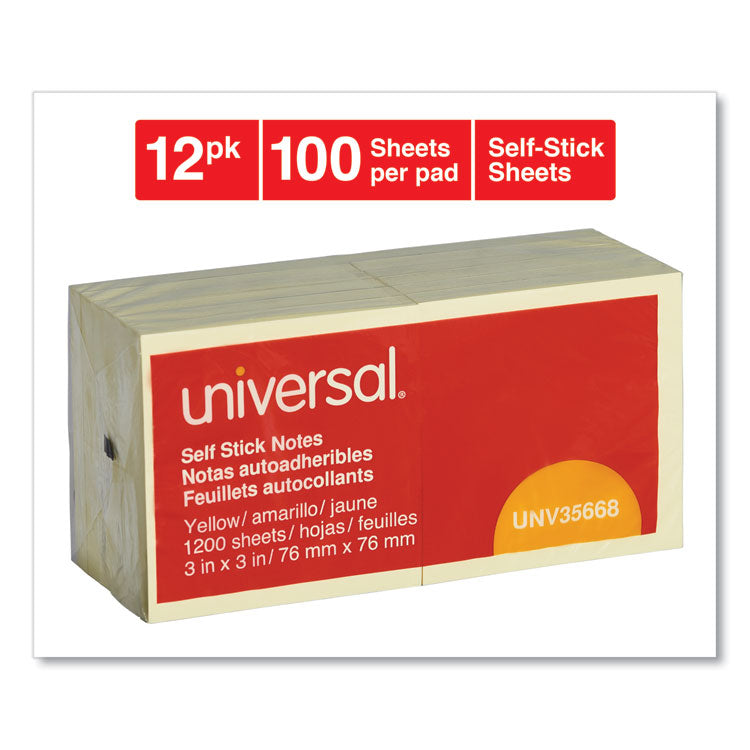 Universal® Self-Stick Note Pads, 3" x 3", Yellow, 100 Sheets/Pad, 12 Pads/Pack (UNV35668)