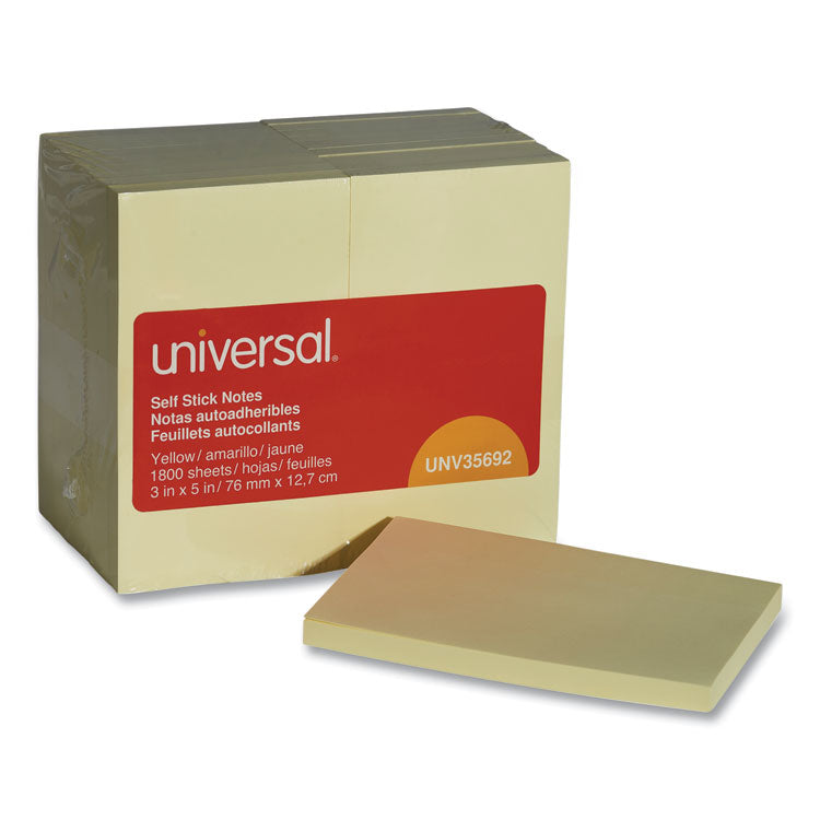 Universal® Self-Stick Note Pad Value Pack, 3" x 5", Yellow, 100 Sheets/Pad, 18 Pads/Pack (UNV35692)