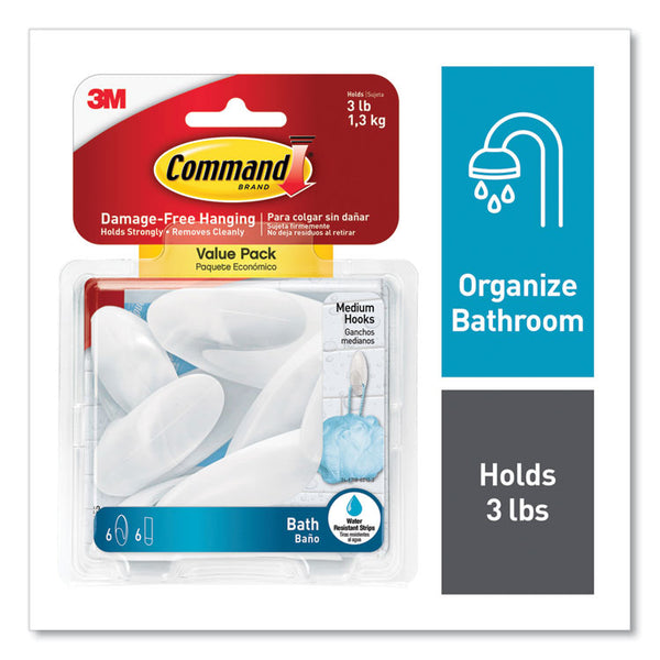 Command™ Medium Bath Hooks Value Pack, Plastic, White, 3 lb Capacity, 6 Hooks and 6 Strips (MMMBATH186ES)